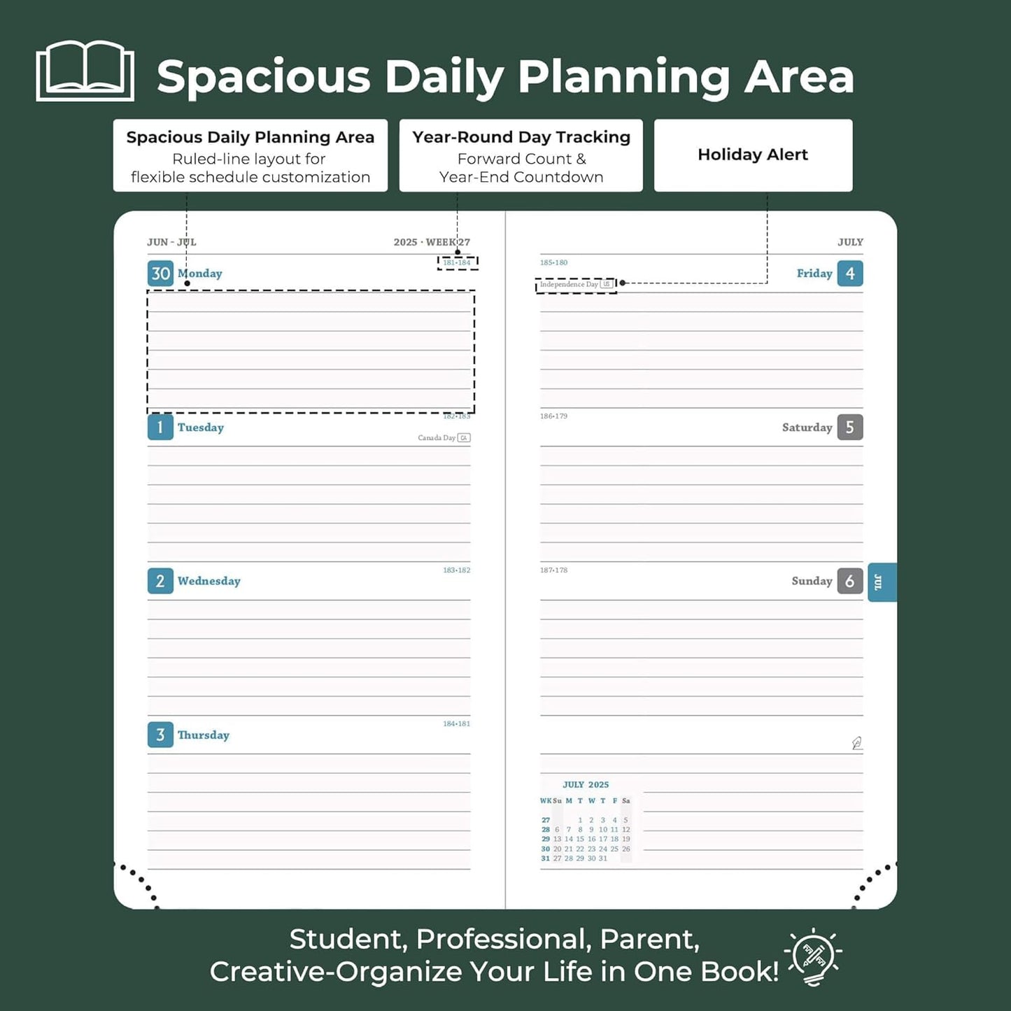 Planner 2025-2026 Daily Weekly and Monthly,6.5"x3.75",18 Months Spiral Bound Calendar Agenda with Self-adhesive Pen Holder,2026 Academic Plan with Vegan Leather Soft Cover,Green