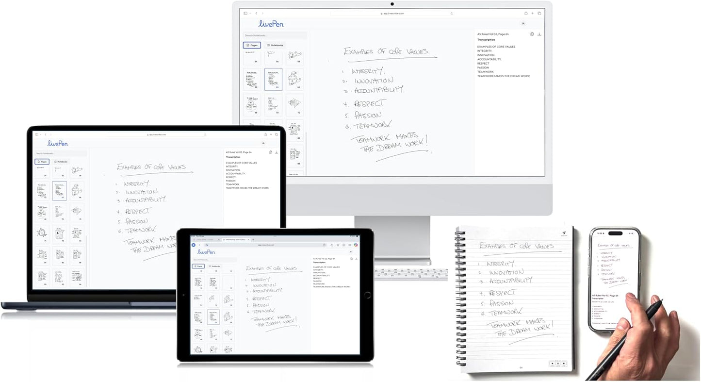 Livescribe LivePen Starter Set | Sync Real Ink and Paper Notes to Phone, Web, Tablet, Desktop, Laptop | Record Audio Synced to Notes | Includes Smart Pen and A5 Journal Notebooks (4-Pack) | APNX-70103