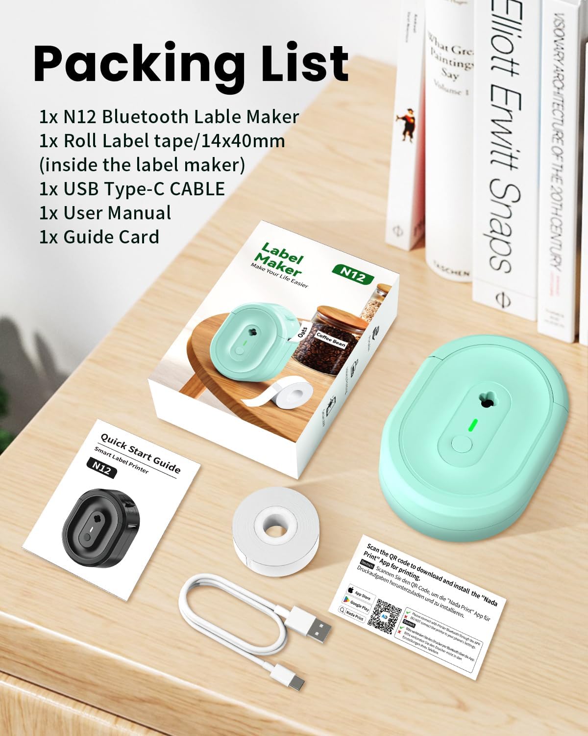 Label Maker Machine with Tape, Portable Bluetooth Label Makers, Inkless Mini Printer Impresora de Etiquetas Multiple Templates for Home School Office Kitchen, Green