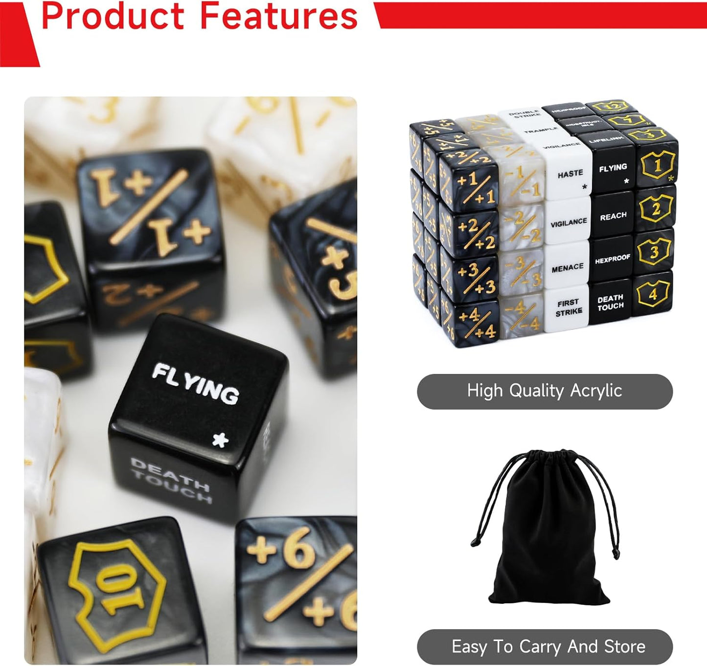 SIXPOINTS 62Pcs MTG Dice Counters Plus 1 Tokens Marble D6 Abilities Keywords Dice Creature Stats Buff Tokens 6 Sided & D20 Dice Set for Magic The Gathering, MTG, TCG, Card Games Accessories