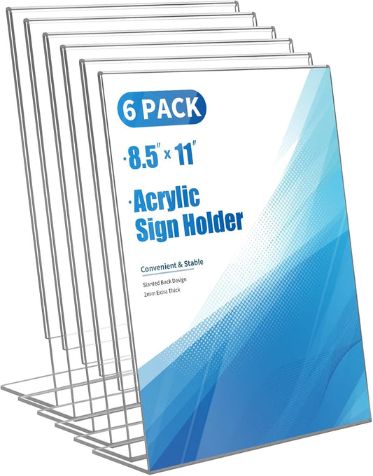 6-pack Acrylic Sign Holder 8.5 X 11 Standing, Clear Plastic Sign Stand Tabletop Dispaly for Menu, Flyer, Brochure, Picture, Used in Restaurants, Offices, Store and Home, Vendor Booth, School
