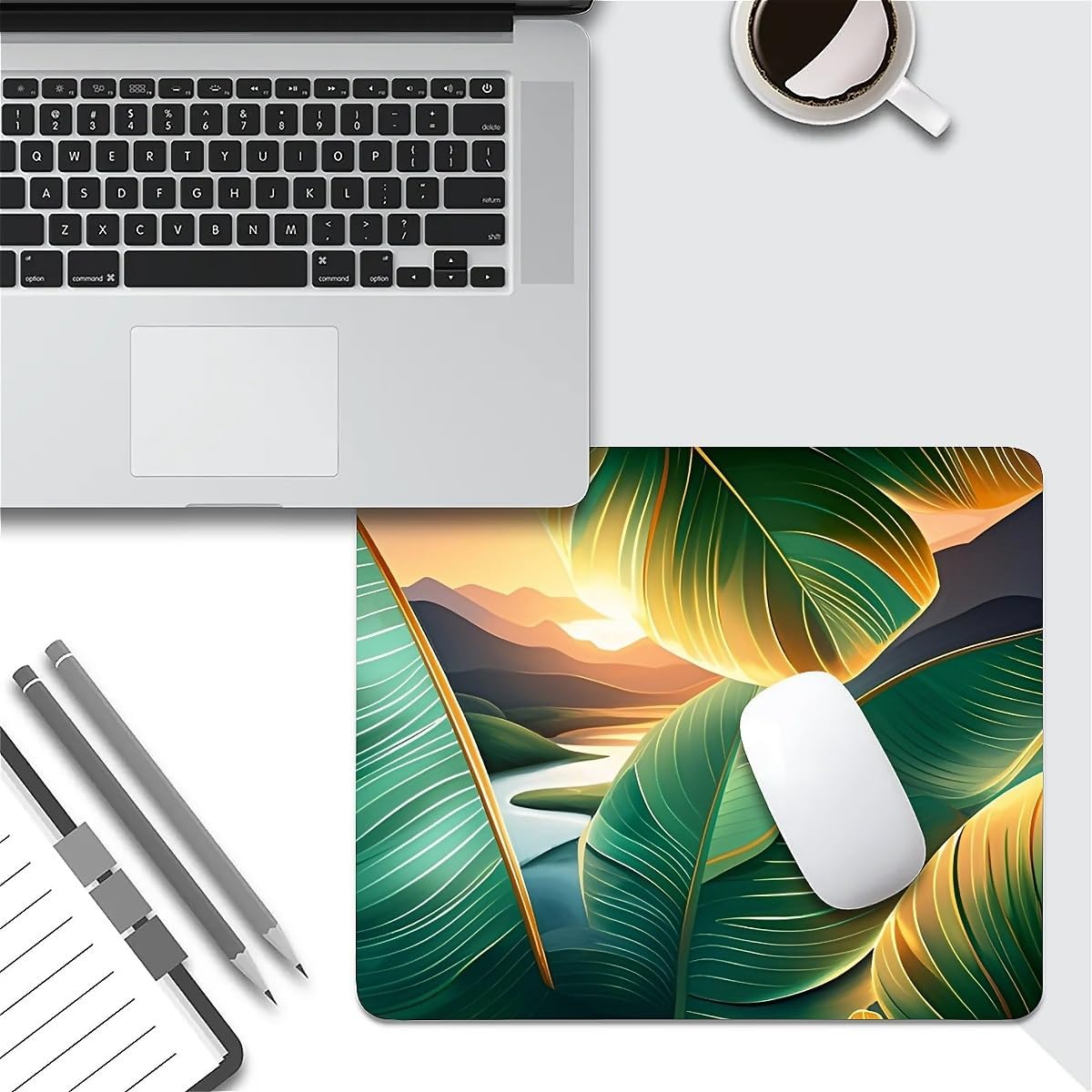 Square Mouse Pad Tropical Leaf & Mountain Sunset, Personalized Premium-Textured Custom Mouse Mat Design, Washable Mousepad Cloth, Non-Slip Rubber Base Computer Mouse Pads for Wireless Mouse