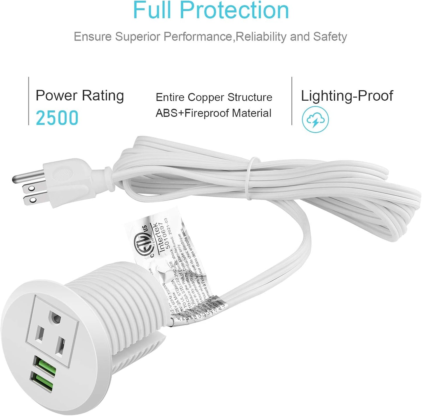 Desk Power Grommet wiht USB, Fits 2 inch Grommet Hole, Recessed Power Strip Socket, Plug in 2 Outlet 6.5 ft Extension Cord (White Round)