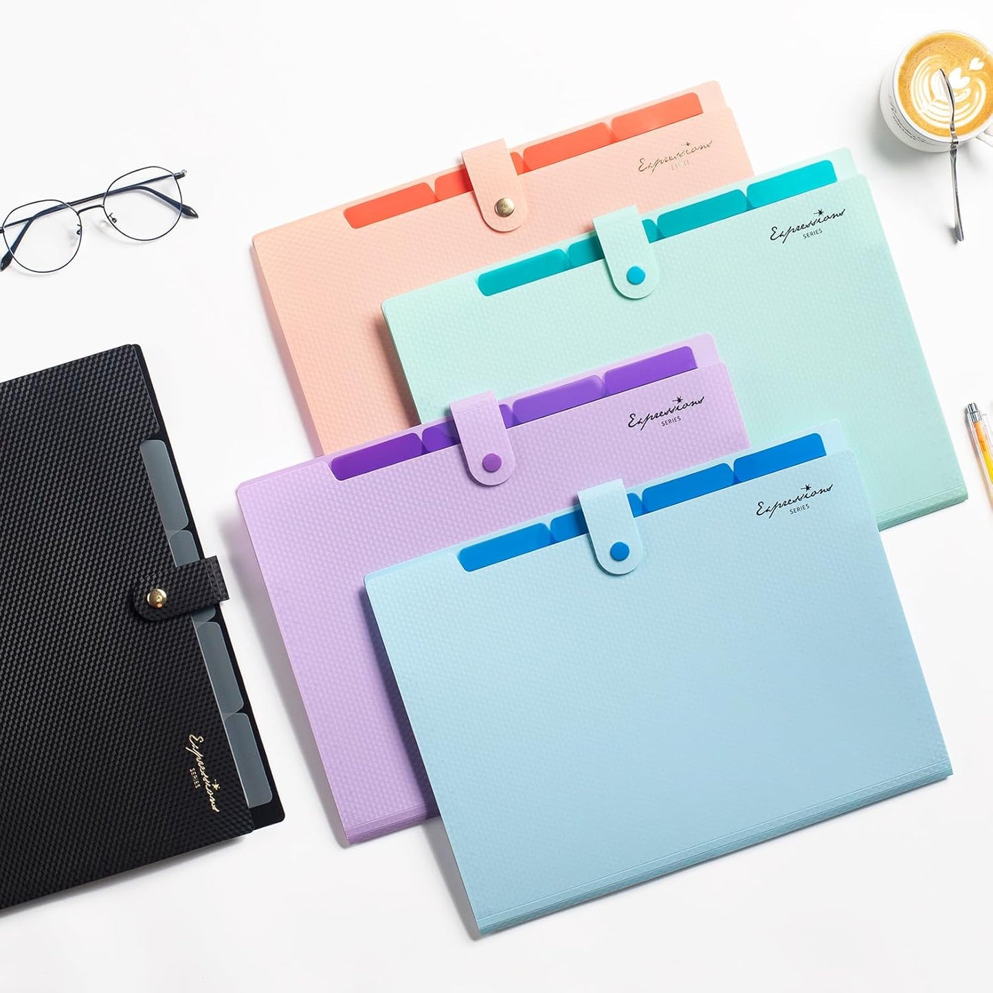 Sooez Expanding File Folder, Letter Size Accordion File Organizer, 5 Pocket Folders for Documents, Cute Folder with Labels, Portable Paper Organizer for School Office Supplies, A4 Size, Peach