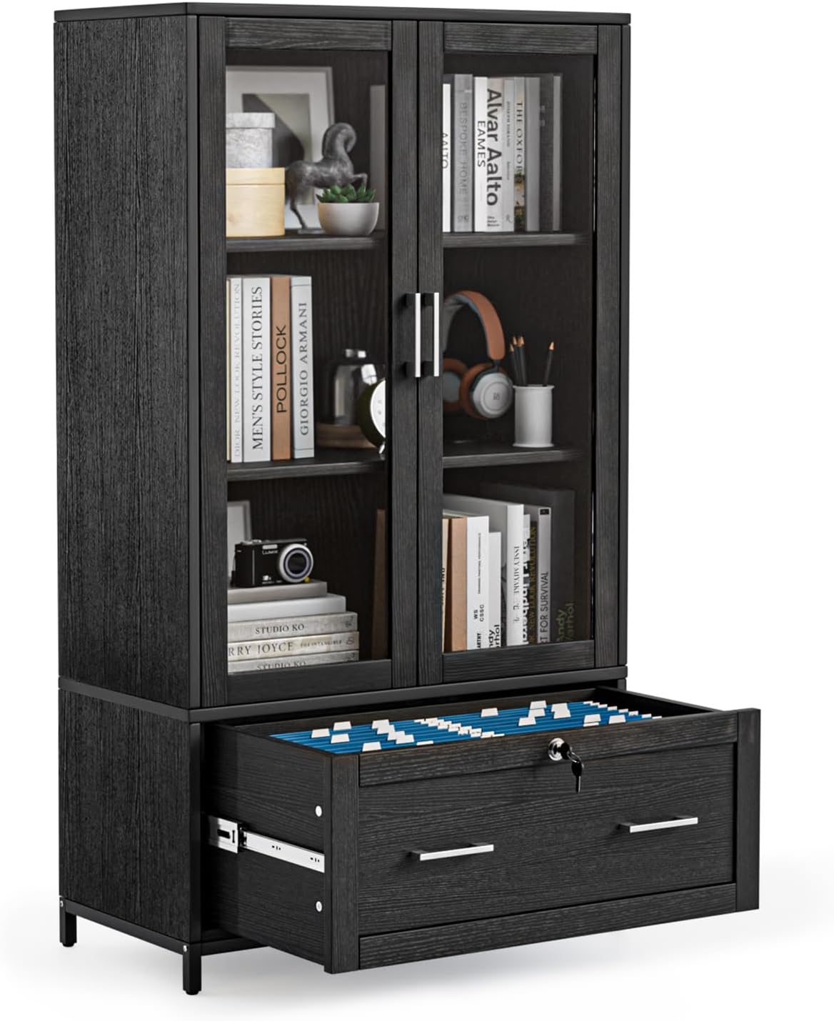 VINGLI Lateral File Cabinet with Glass Doors and Locking Drawer for Hanging File Folders, Bookshelf with Adjustable Shelves for Home Office (Black, 30''W x 16''D x 55''H)