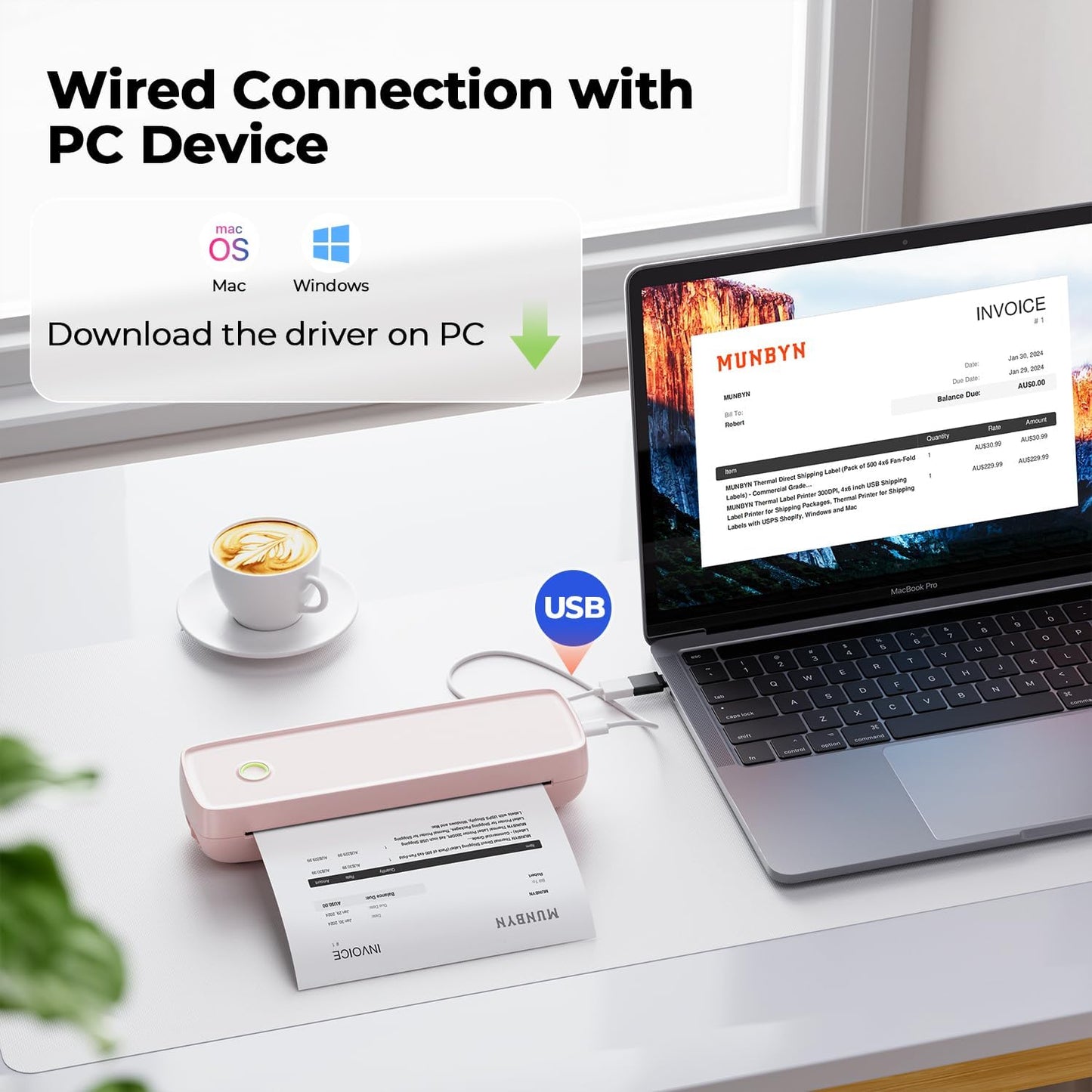 MUNBYN Portable Wireless Printer ITP04, Thermal Bluetooth Printer, Support 8.5x11&A4 Thermal Paper, Inkless, Compatible with Android & iOS Phone & Laptop, Small (Pink)