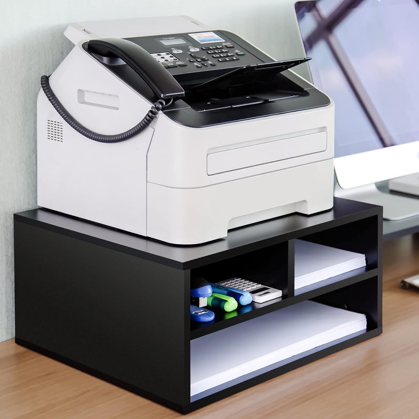 FITUEYES Large Printer Stands with 3 Storage Compartments, Desktop Paper Organizer Shelf for Home Office, 2-Tier Printer Riser, Black, 18.9" L x 15.7" W x 8.7" H