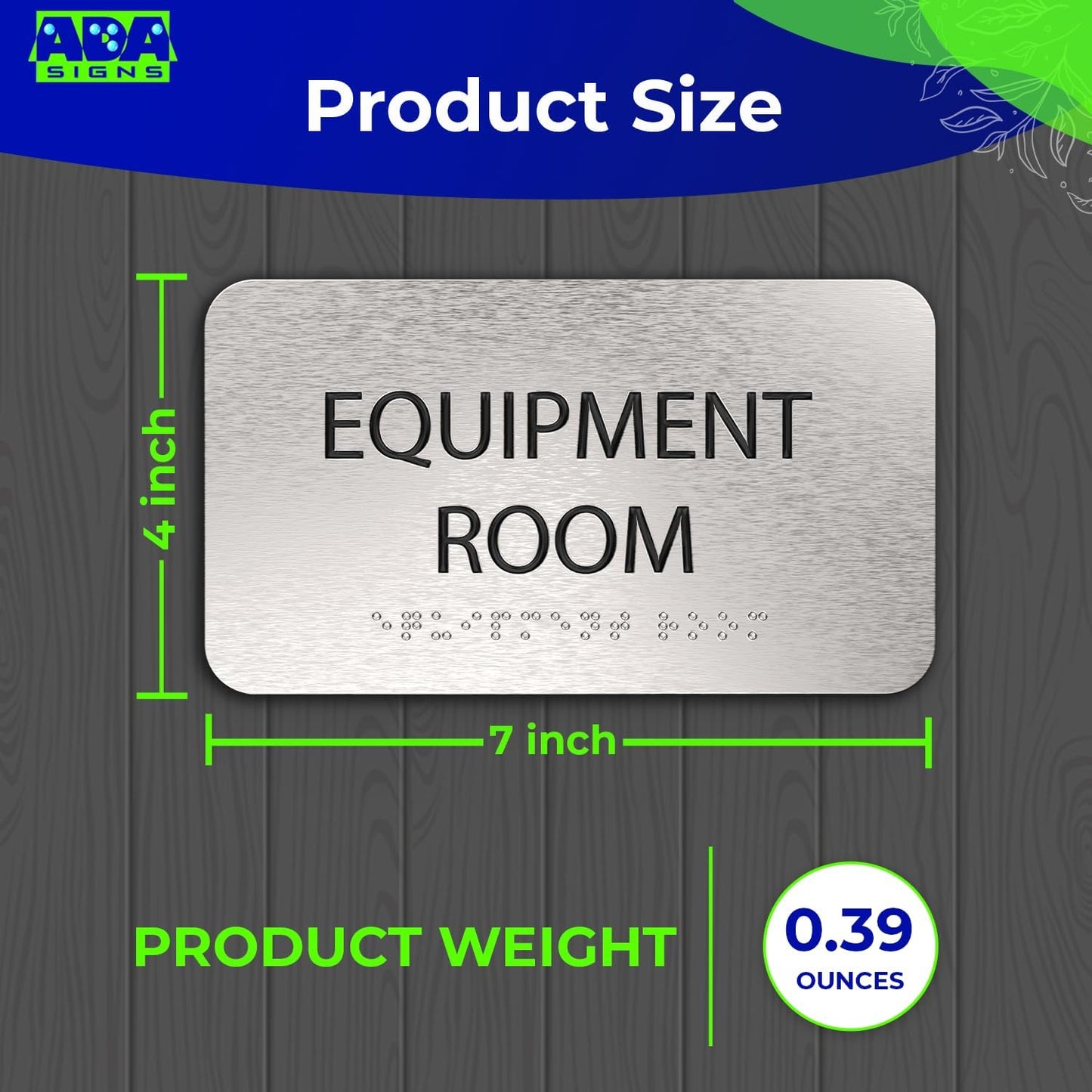 ADASigns Equipment Room Sign 7" W x 4" H - Durable Brushed Aluminum with Grade 2 Braille - Easy Installation with Strong Double Sided Tape - ADA Compliant Office Door Signs for Businesses & Offices
