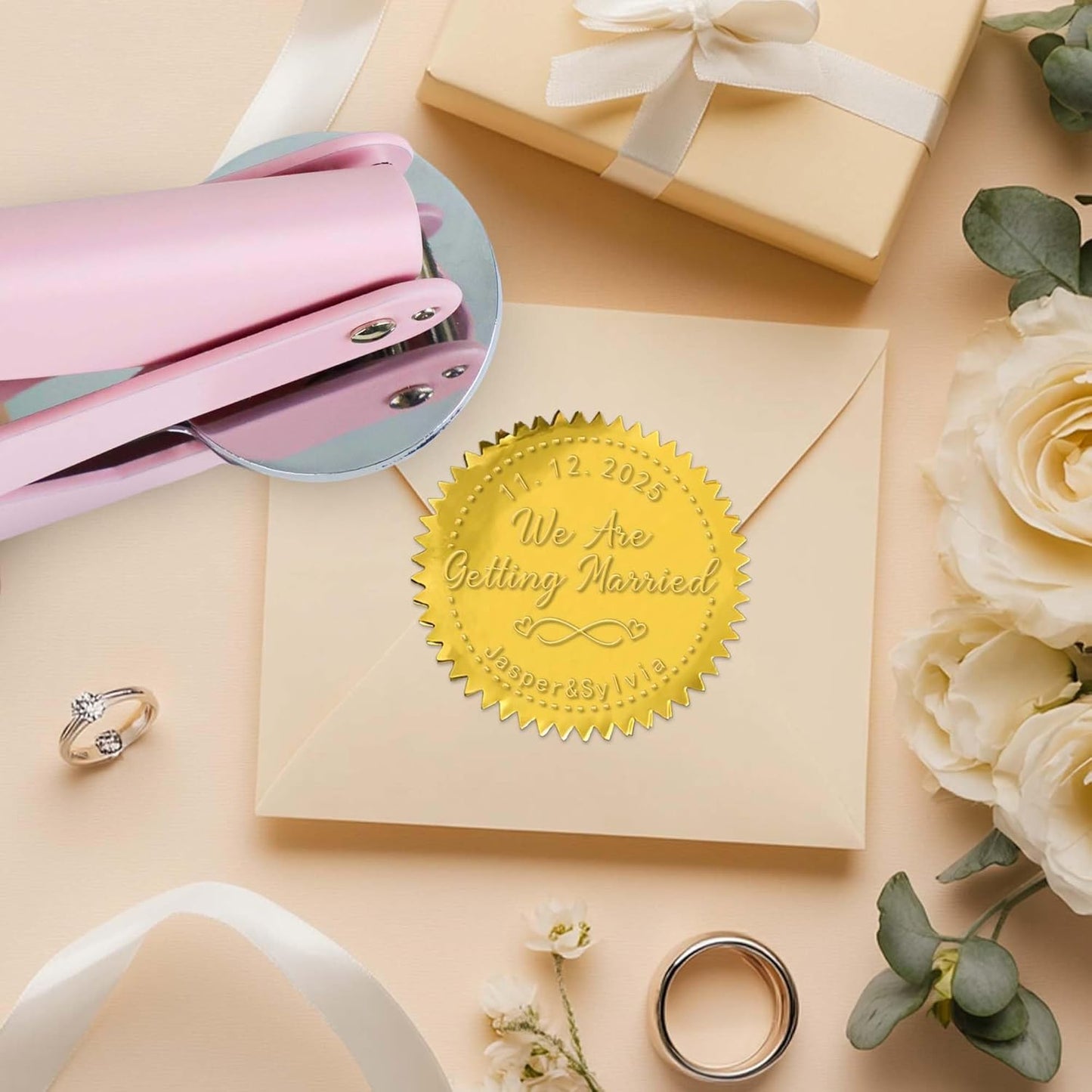 Personalized Wedding Embosser Stamp， Custom Book Business Card Paper Document Notebook, Self Inking Stamp，Book Lover Gifts，Christmas Gifts (Style02)