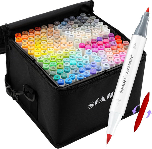 SFAIH Alcohol Markers Brush & Fine - 168 Colors Double Tipped Art Markers for Adult Coloring Illustration, Gifts for Artist Adult - Adjustable Shoulder Strap & Faux Leather Lining & Outer Zip Pocket