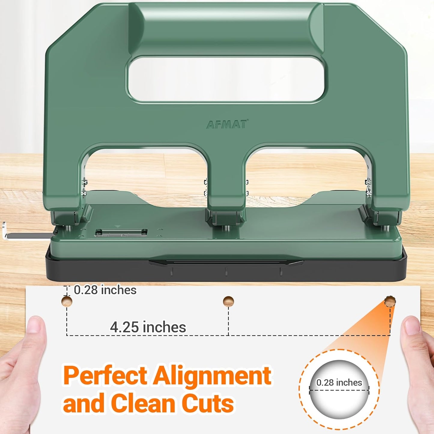 3 Hole Punch Heavy Duty, AFMAT 3 Hole Puncher for Binder, 40-Sheet Three Hole Punch w/ 10000+ Uses, Metal Hole Puncher 3 Ring, 50% Reduced Effort, Bulit-in S.S. Paper Guide, Model: HPX1 (Green)