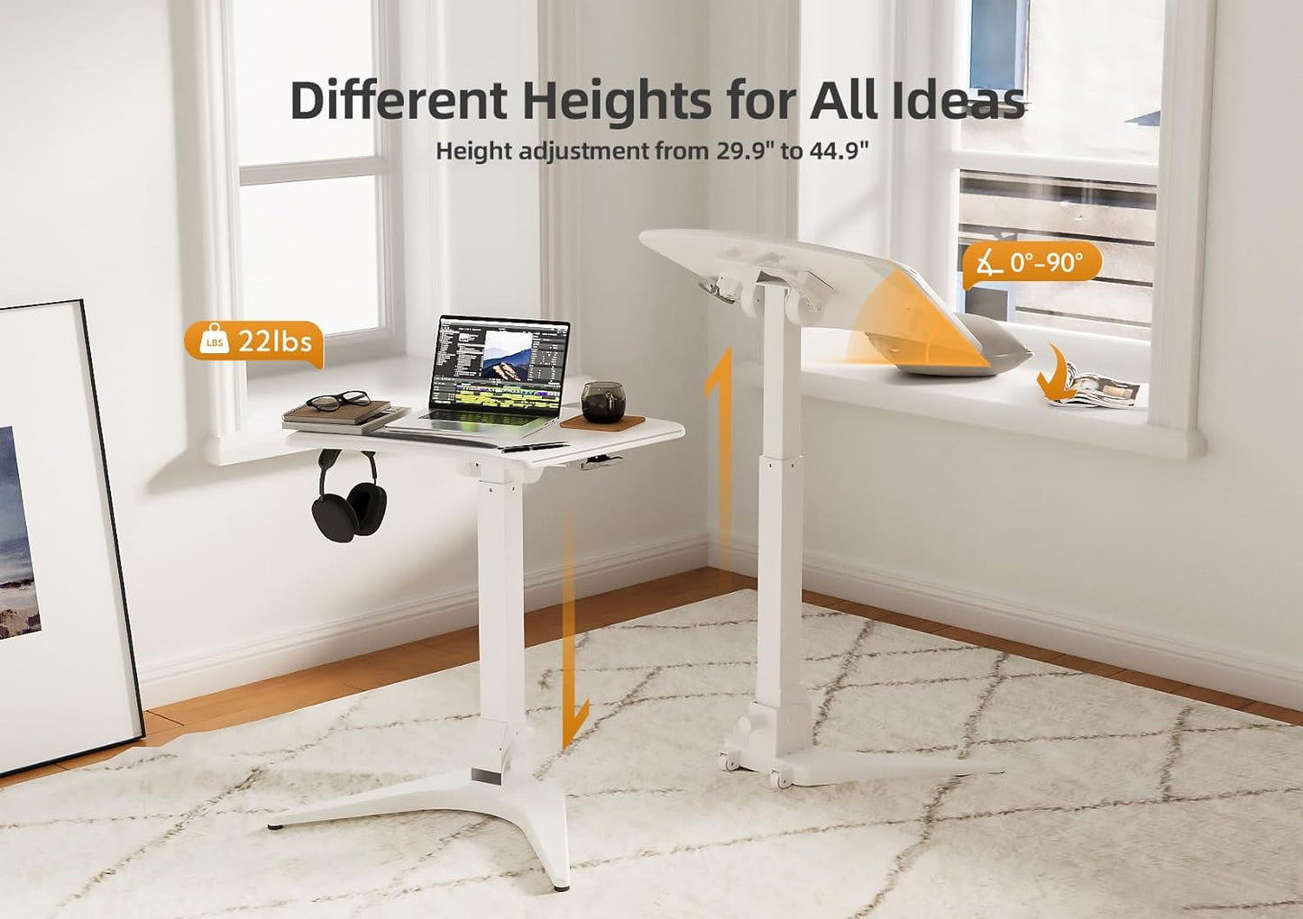 Claiks Mobile Standing Desk, Portable Rolling Workstation With Wheels, Pneumatic Height Adjustable Sit-Stand With 90 Tiltable, Foldable Non-Slip Computer Stand, White