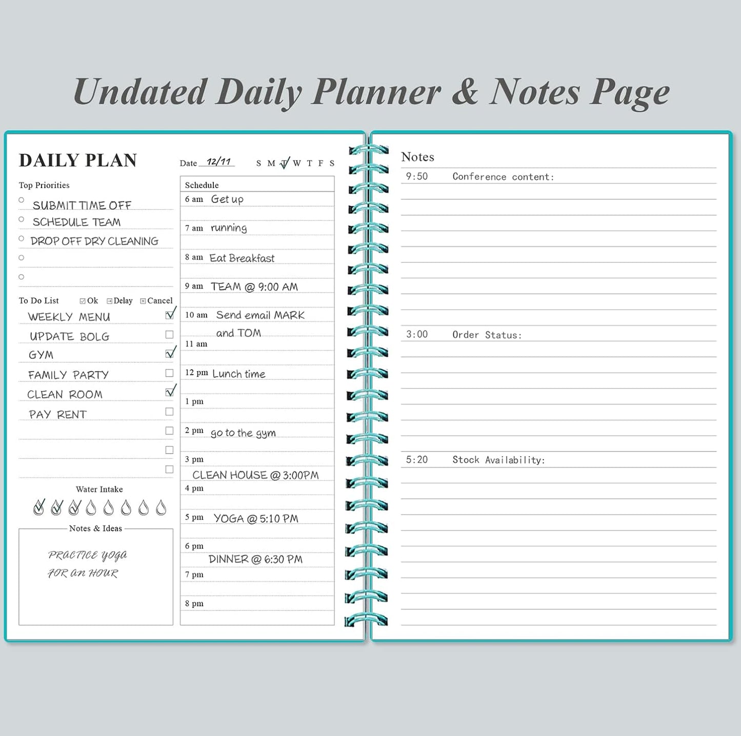 Daily Planner Undated - A5 To Do List Notebook Hourly Schedules, Spiral Appointment Planner for Women and Men, PVC Hardcover, Inner Pocket, Elastic Closure, 5.8" x 8.3", Teal