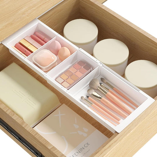 Lifewit Sliding Makeup Drawer Organizer Trays with Inserts, Extendable Hanging Desk Drawer Divider, Fits 13-20" Deep Drawers, 1.8" High Plastic Organizer Tray for Vanity, Office, Kitchen, White