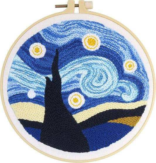 RUIQLXHANG Punch Needle Kits for Beginners, Cute Cartoon Highland Cow with Daisy Flower, Punch Needle Starter Craft Set with 20cm Hoop, Perfect for Festival Gift and Decoration (Starry Sky)