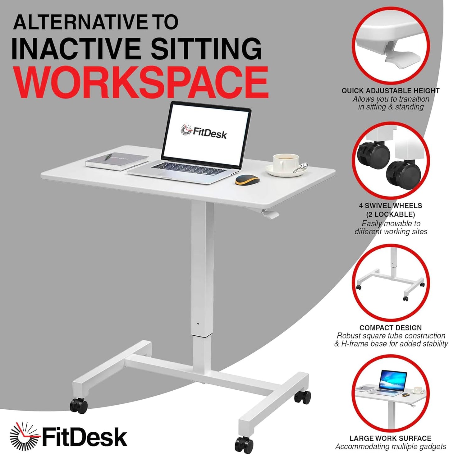 FitDesk Portable Laptop Desk, Rolling Standing Workstation Adjustable Height, Compact Standing Table with Large Surface, Small Stand Desk for Home Office, 30 lb Weight Limit – White, 27" Tabletop