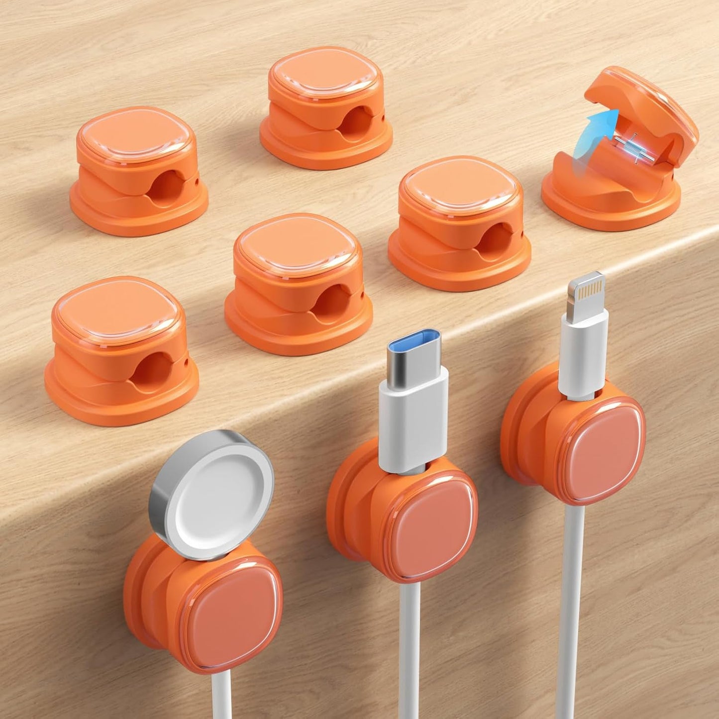 9 Pack Cord Organizer, Spring Cable Management, Adhesive Cute Cable Holder Clips, Phone Charger Wire Keeper for Desk Nightstand Car Office (9-Pack Orange)