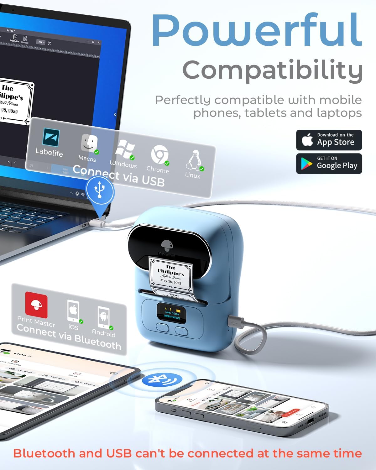 Phomemo Barcode Label Printer - M110 Label Maker Portable Bluetooth Label Maker Machine for Small Business, Barcode, Address, Logo, Clothing, Jerwery, Thermal Printer Compatible with Phones & PC, Blue