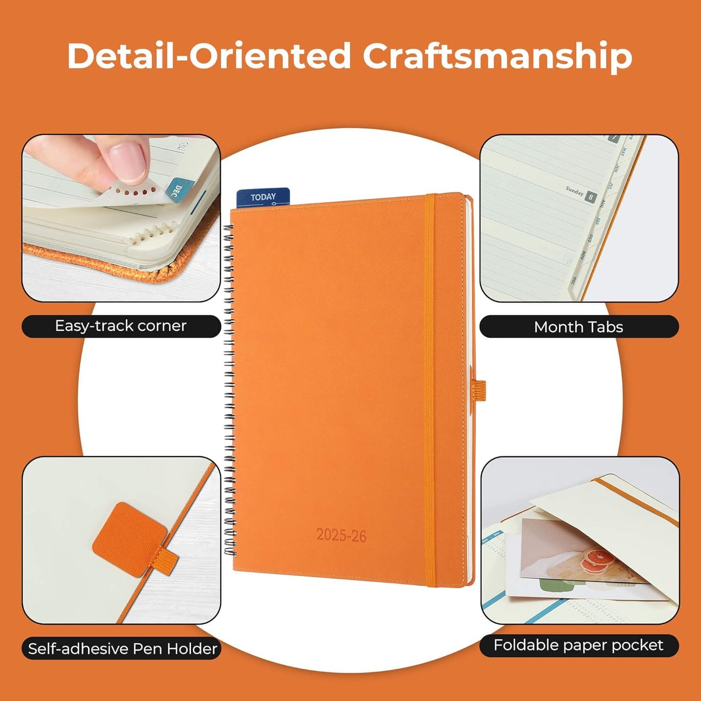 Planner 2025-2026 Daily Weekly and Monthly,11.5"x8.5",18 Months Spiral Bound Calendar Agenda with Self-adhesive Pen Holder,2026 Academic Plan with Vegan Leather Soft Cover,Orange