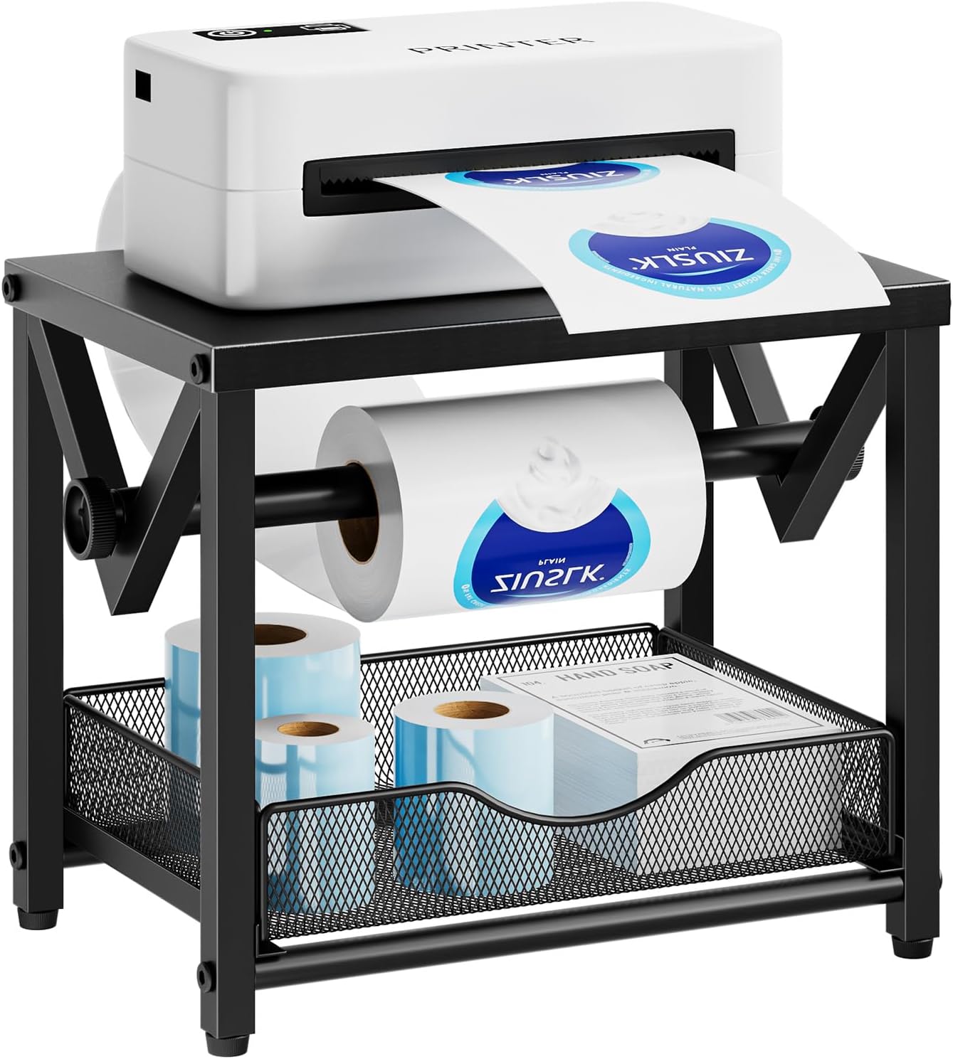 Marbrasse Label Holder for Rolls and Fanfold Labels, Metal Thermal Label Printer Holder with Drawer, Shipping Label Stand,Sticker Roll Holder for Home, Office, Small Business,Black