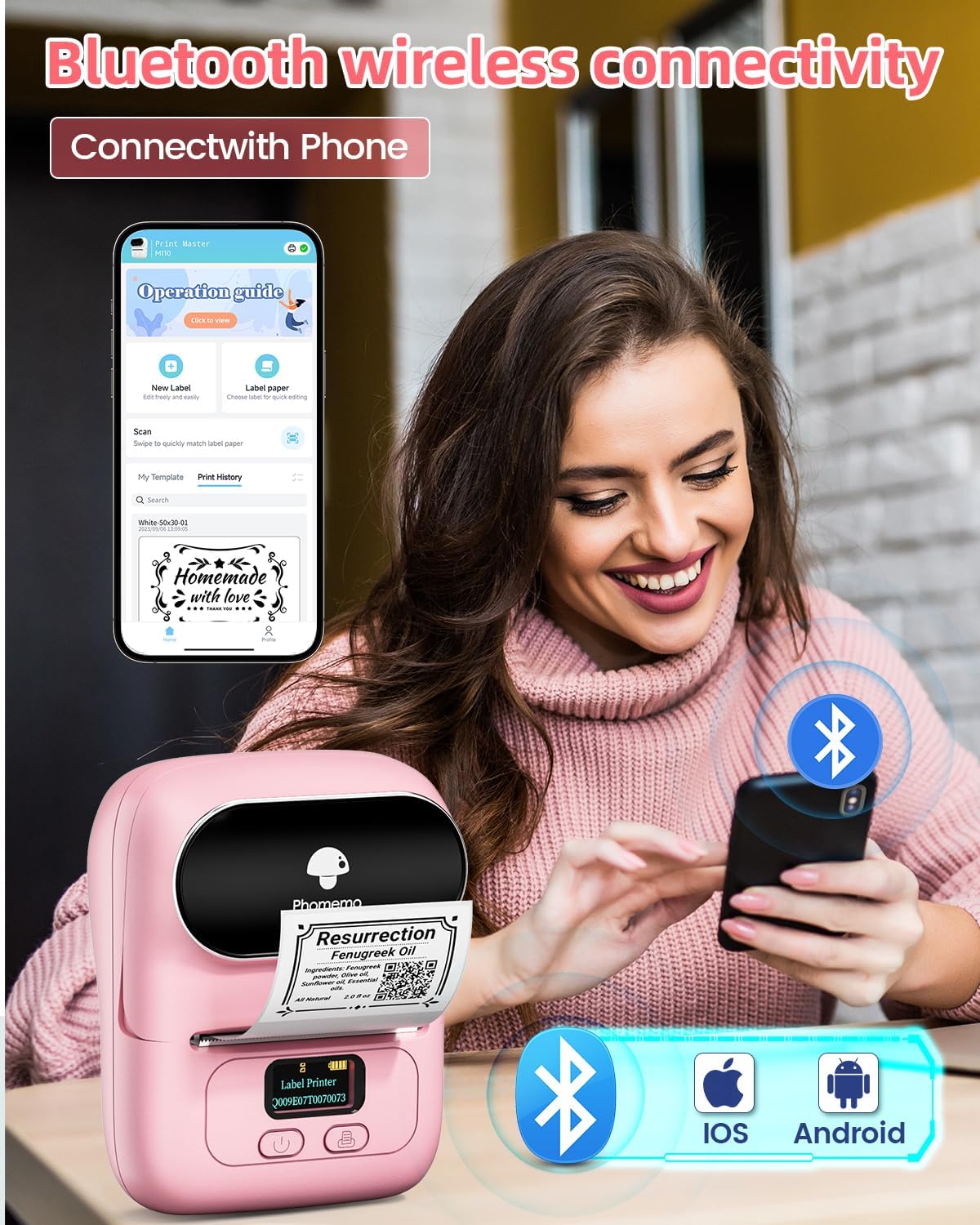 Phomemo M110 Label Maker Machine- with 3 Label Bluetooth Label Maker for for Business Labeling, Barcode, Office, Cable, Retail, with Fonts Choose, Icons, Templates, Pink