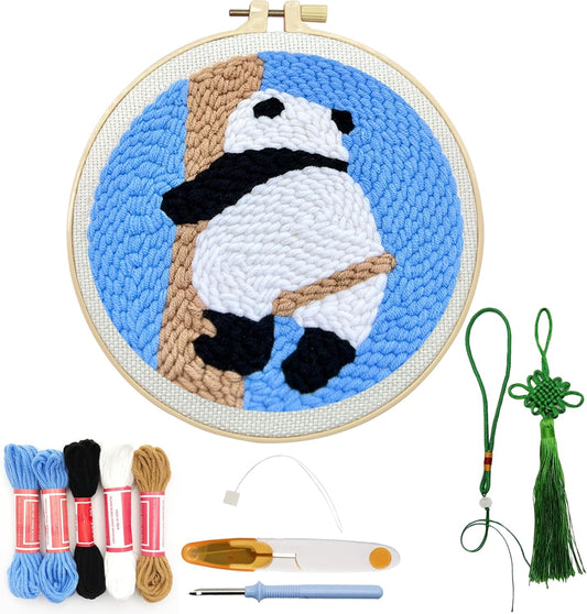 Danvk Panda Punch Embroidery Kit with Embroidery Fabric, Hoop,Scissor,Punch Needle and Yarns, Hand Craft Gift,DIY Embroidery Kits, Hand Punch Needle Kit for Women and Kids Beginners(Panda-Climbing)