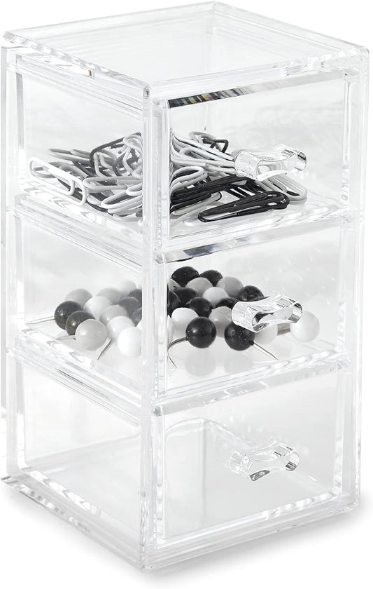 Huang Acrylic Clear Stackable Upright 3-Drawer Organizer, Makeup Jewelry Accessories Cosmetic Countertop Storage Display 3.5 x 3.25 x 5.75 inches
