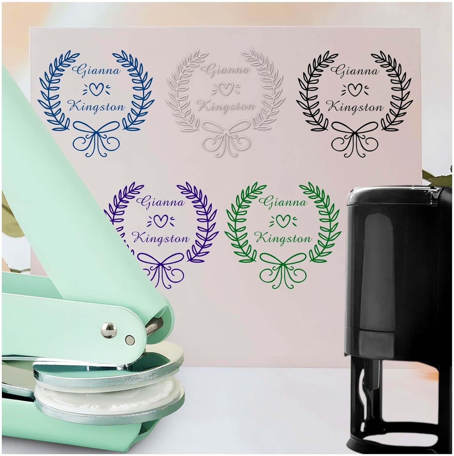 Personalized Wedding Embosser Stamp， Custom Book Business Card Paper Document Notebook, Self Inking Stamp，Book Lover Gifts，Christmas Gifts (Style14)