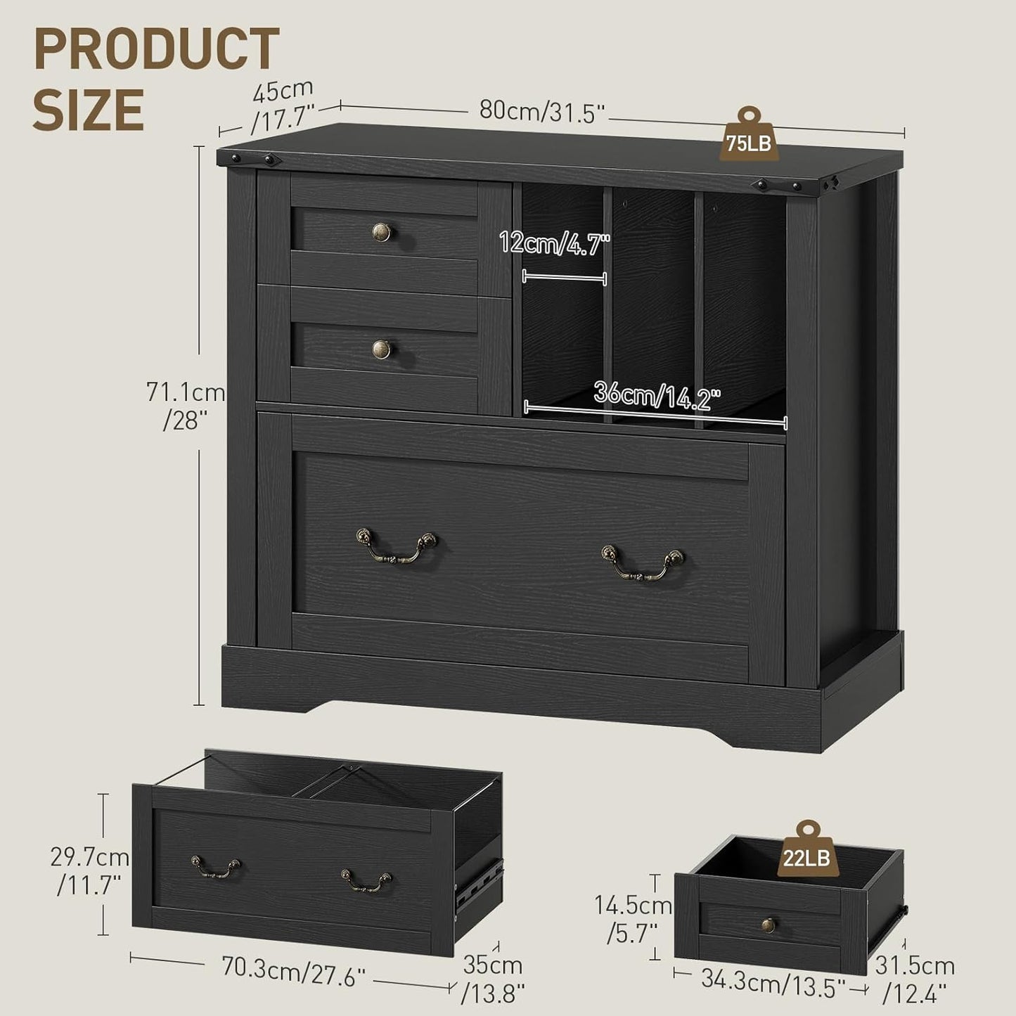 Farmhouse File Cabinet, Lateral Filing Cabinet with 3 Drawers and Folder Organizer, Office Storage Cabinet for A4 Letter Size Files, Printer Stand with Storage for Home Office, Black