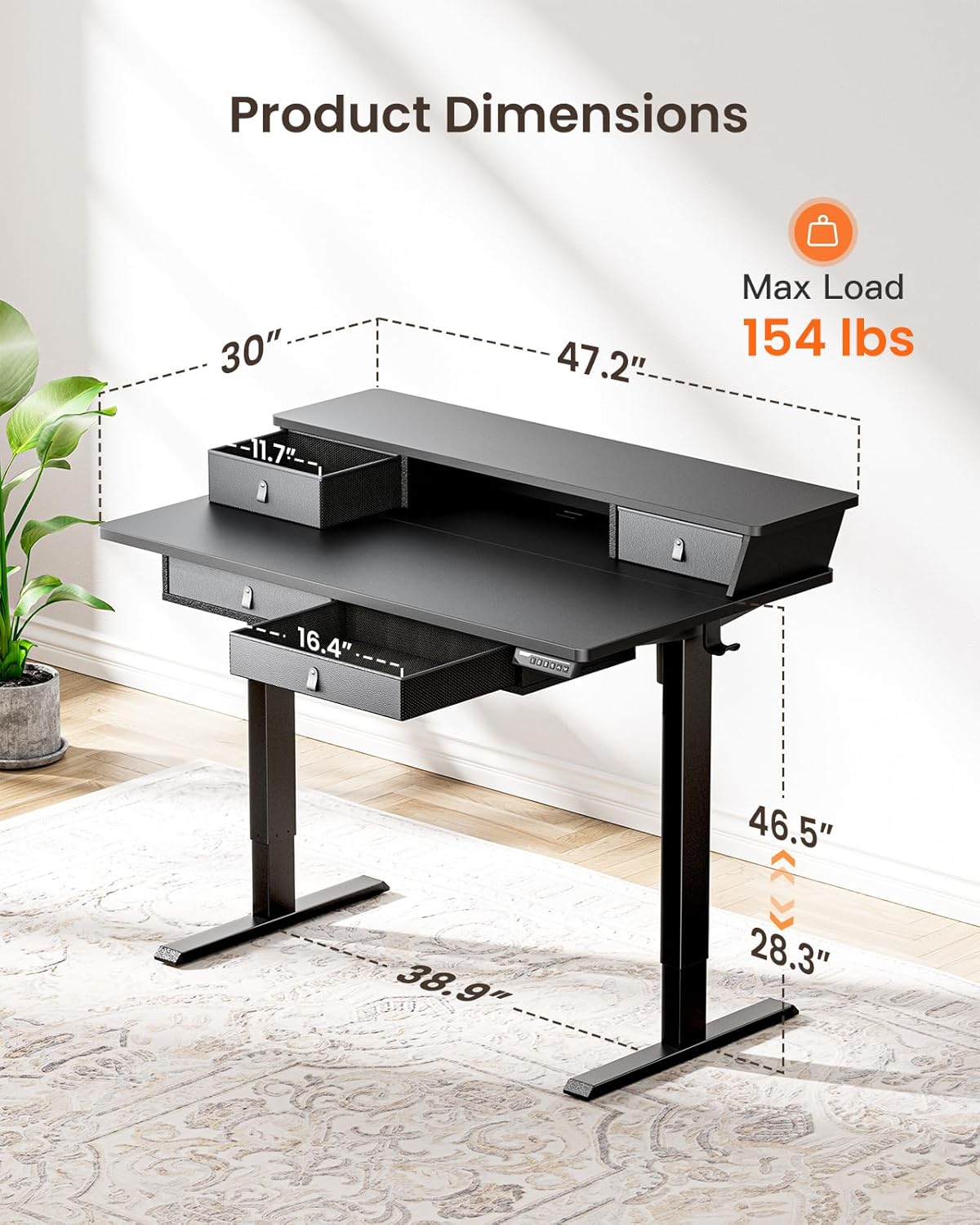 ErGear Electric Standing Desk with 4 Drawers, 48" x 30" Height Adjustable Desk with Storage, C-Clamp Mount Compatible, Computer Home Office Table with Cable Management Tray, Black