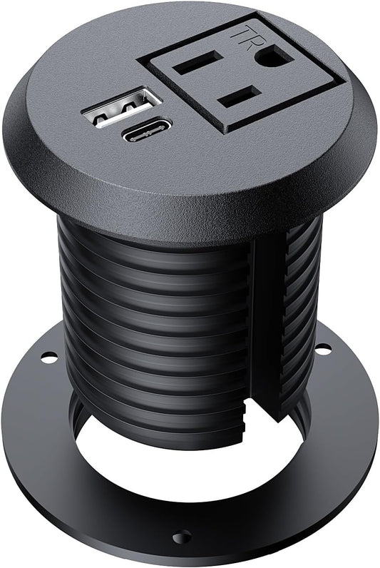 Recessed Power Grommet 2 inch,Tamper-Resistant Design AC Outlets, Fast Charging Station USB-C Port,Desk Hole Grommet Recessed Outlet,Round Desktop Conference Room Power Grommet Outlet.(Black)