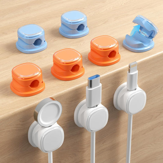 9 Pack Cord Organizer, Spring Cable Management, Adhesive Cute Cable Holder Clips, Phone Charger Wire Keeper for Desk Nightstand Car Office (9-Pack White_Orange_Blue)