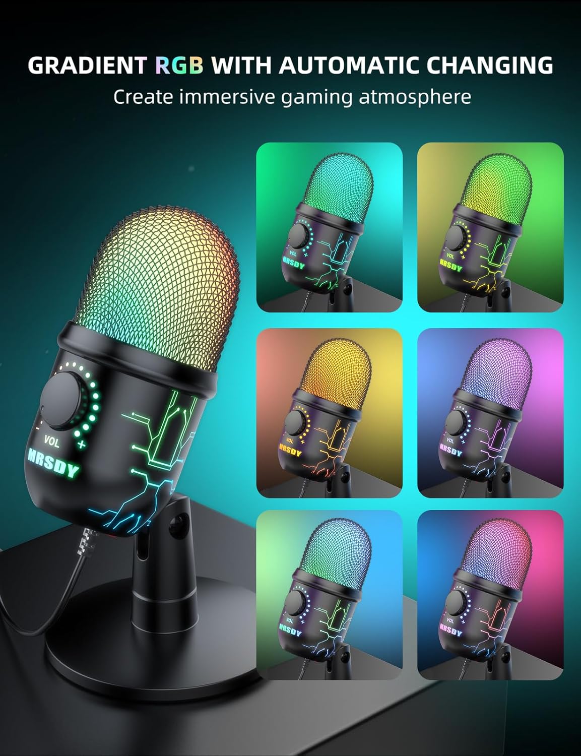 USB Microphone for PC, Mac, PS4, PS5, RGB Computer Microphone with Monitor, Mute and Noise Reduction, Great for Recording, Streaming, Gaming, Podcasting