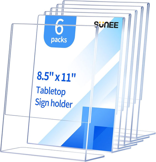SUNEE 6 Packs Clear Plastic Sign Holders for 8.5x11 Paper, Vertical L-shape Frame for Displaying Signs and Menus