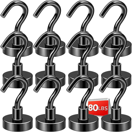 DIYMAG Black Magnetic Hooks, 80 LB Heavy Duty Strong Magnets with Hook, Rare Earth Neodymium Magnetism for Cruise Cabins Cruise Ship Essentials 12 Packs