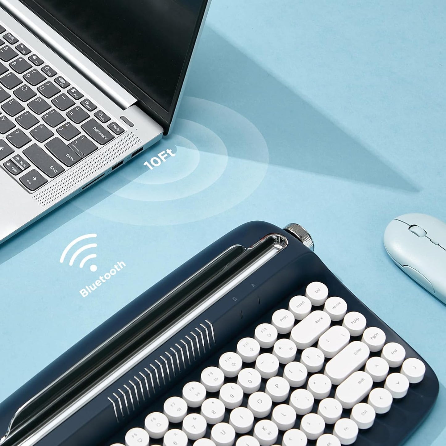 YUNZII ACTTO B303 Wireless Typewriter Keyboard, Bluetooth Connection, Cute Retro Aesthetic Design with Integrated Stand for Tablet, Phone, PC and Win/Mac/Android (B303, Midnight)
