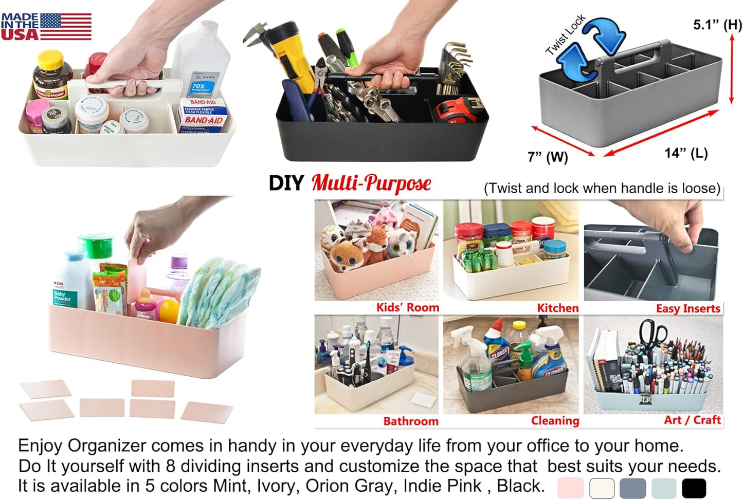 -Large Portable Caddy, DIY Dividers, 8 Compartments, School Office Supplies Home Business Basket with Handle Storage Organize Made in USA (10 PACK, Lavender)