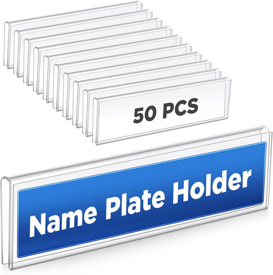50 Pack Plastic Cubicle Name Plate Holder 8.5" Wide x 2" High Glass Wall Name Plate Holder Clear Acrylic Sign Display Stand for Home Office Business (Suitable for 1/4" Cubicle Wall)