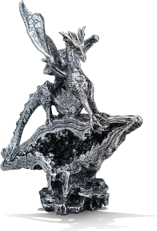 Gothic Medieval Mythic Dragon Figurine Statue Fantasy Decoration Table Office Home Bedroom Livingroom Decoration Gift (7 Inches,Silver)