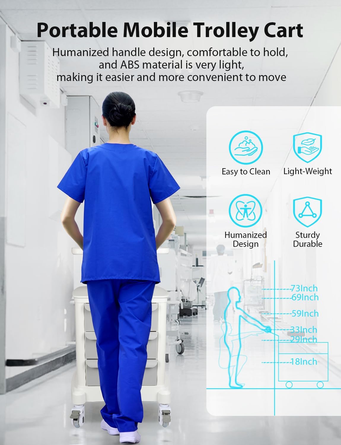 Mobile Trolley Cart for Portable Ultrasound Imaging Scanner Vehicle Trolley Beauty Storage Cart 110 LBS Load with 3 Drawers 4 Wheels for Hospital Office Bedroom Medical Clinic
