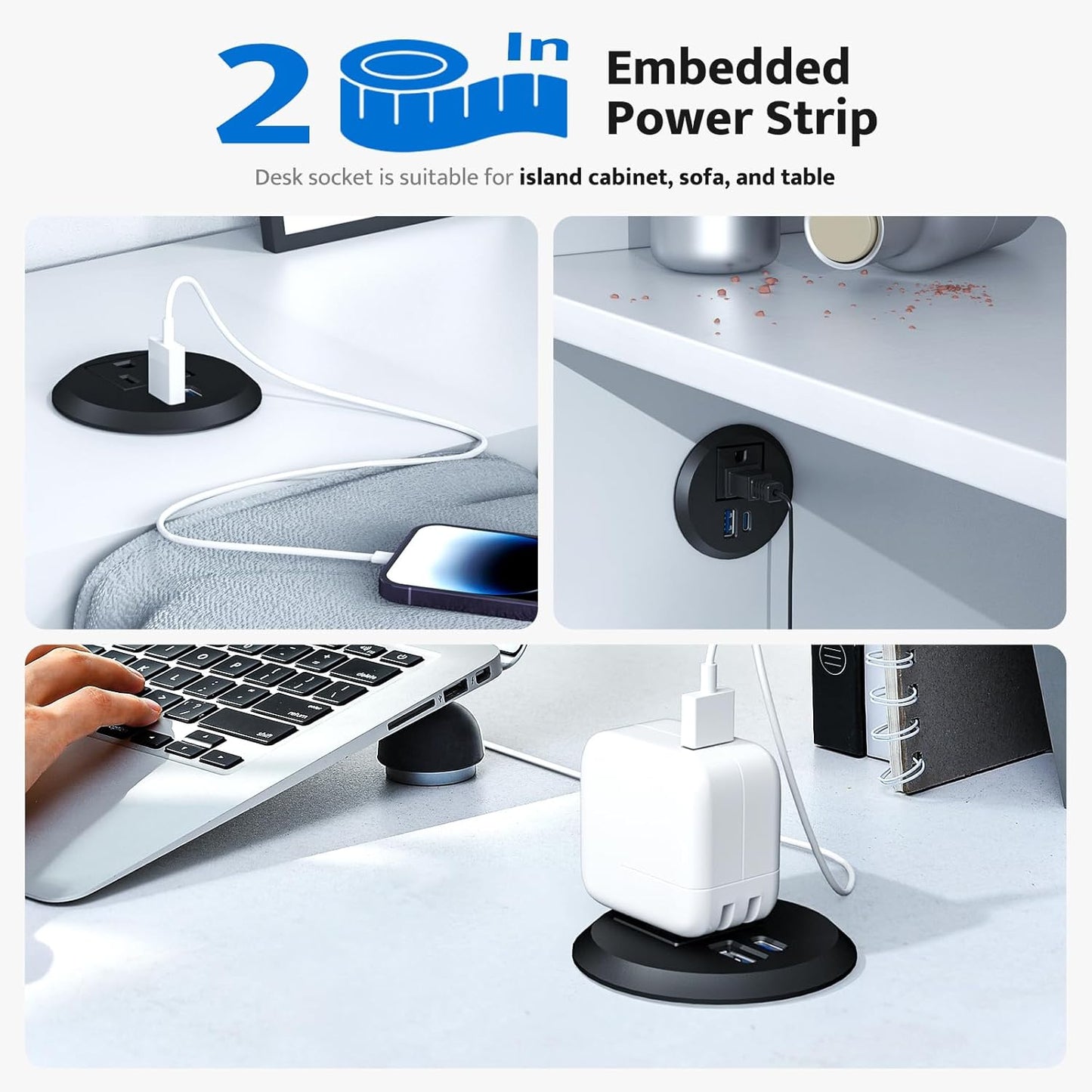 Recessed Power Grommet with 20W USB C Fast Charging, 2 inch Conference Recessed Outlet,Flush Mount for Desk,Office Tables,Furniture,6FT Cord, 45° Thin Flat Plug (Black, Grommet Outlet)