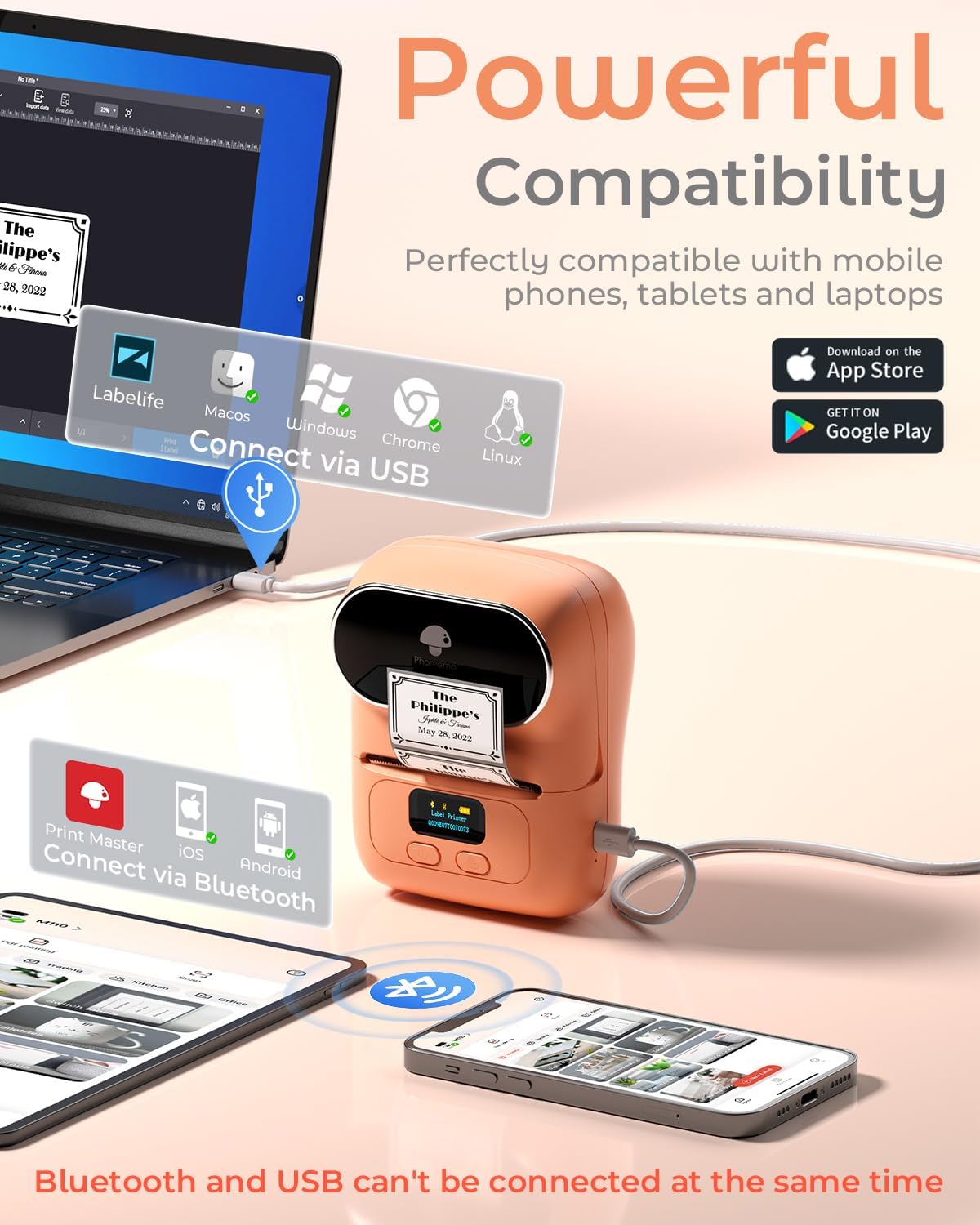 Phomemo Barcode Printer - M110 Label Maker Machine Wireless Bluetooth Themal Label Printer for Small Business, School, Barcode, Address, Jewelry, Clothing, Organizing, Orange