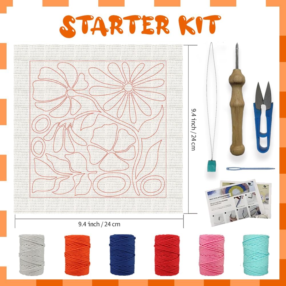 BEUNITONE Boho Style Punch Needle Kits for Beginners with Instruction Embroidery Punch Needle Starter Sets for Art and Crafts 9.84 x 9.84 inches Cross Stitching Kits for DIY Craft Home Decor