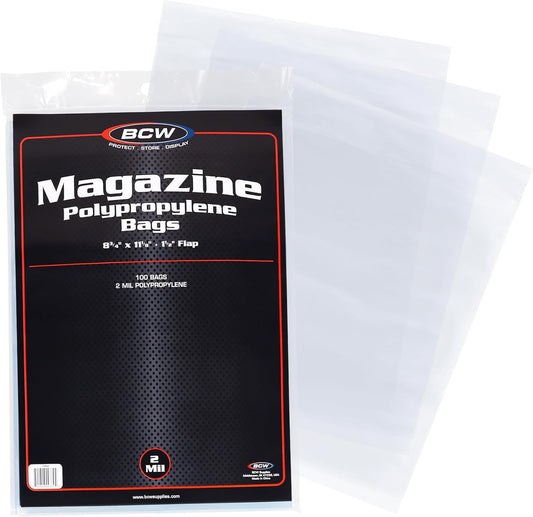 BCW Magazine Bags - 1 Pack of 100 | Acid-Free, Crystal Clear Polypropylene Sleeves for Archival-Quality Storage of Collectible Magazines | Protect and Showcase Your Valuable Comic Book Collection