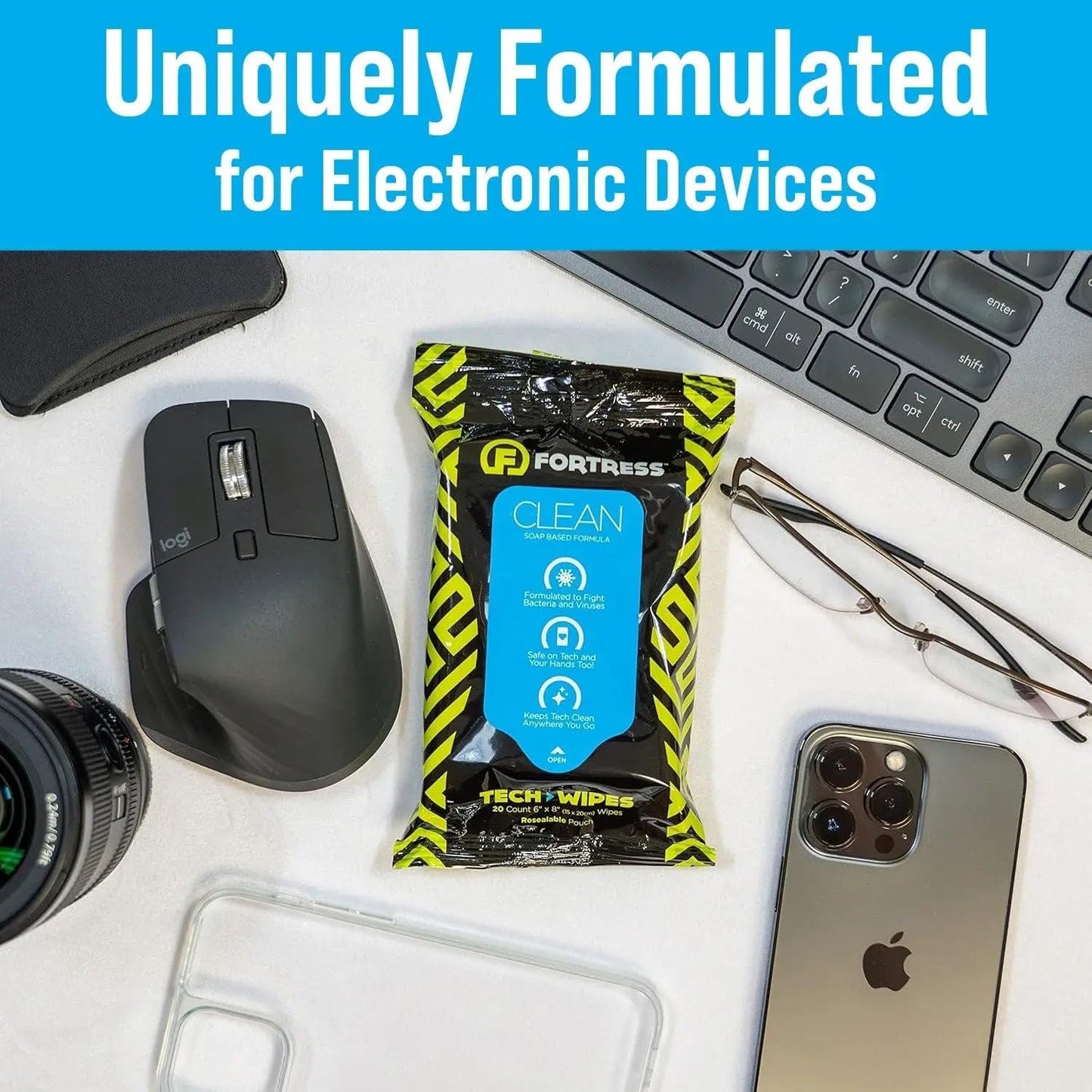 Fortress Electronic Wipes With Microfiber Cloth (25 ct, Pack of 3) To-Go Tech Wipes for Screens, Phones, Keyboards, TV Monitors, Computer Screens, and More [Travel Size] Skin-Safe