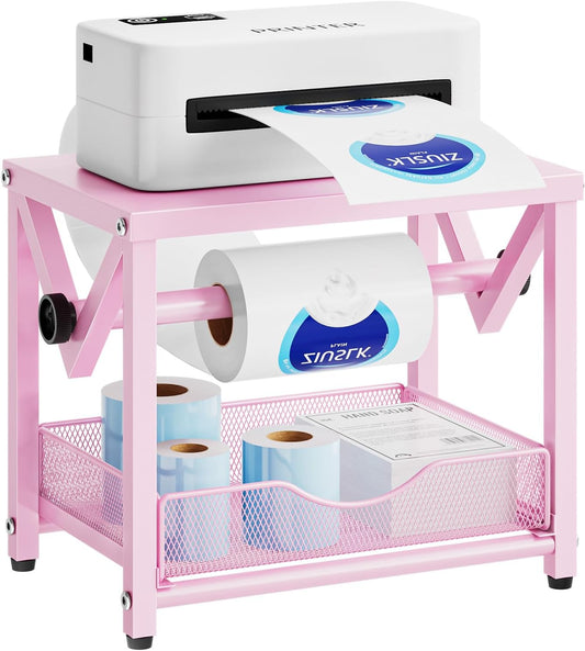 Marbrasse Label Holder for Rolls and Fanfold Labels, Metal Thermal Label Printer Holder with Drawer, Shipping Label Stand,Sticker Roll Holder for Home, Office, Small Business,Pink