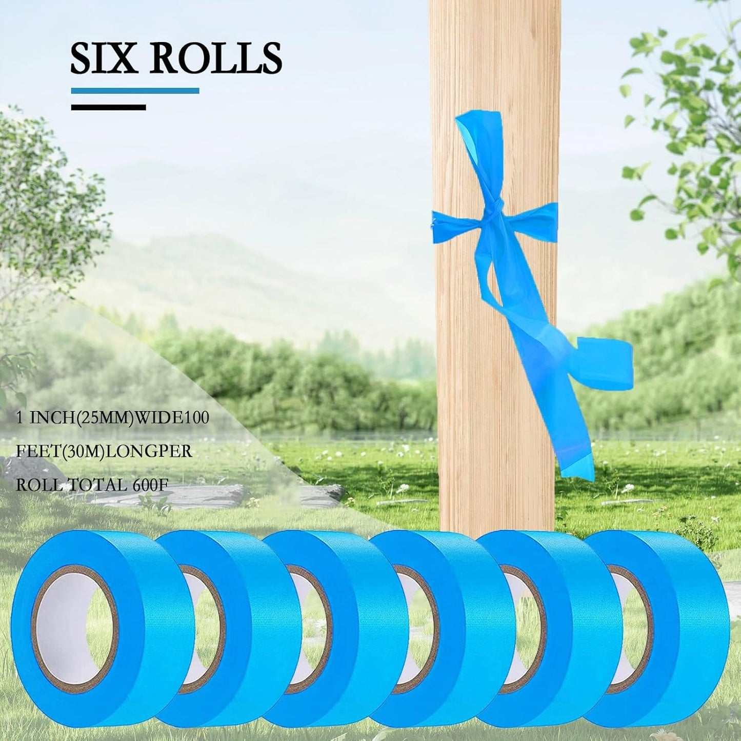 6 Pack Blue Flagging Tape, Non-Adhesive Plastic Ribbon Neon Marking Roll, 1"*600ft, Marking Tape for Tree Marking, Hunting, Boundaries and Hazardous Areas,Trail Marking