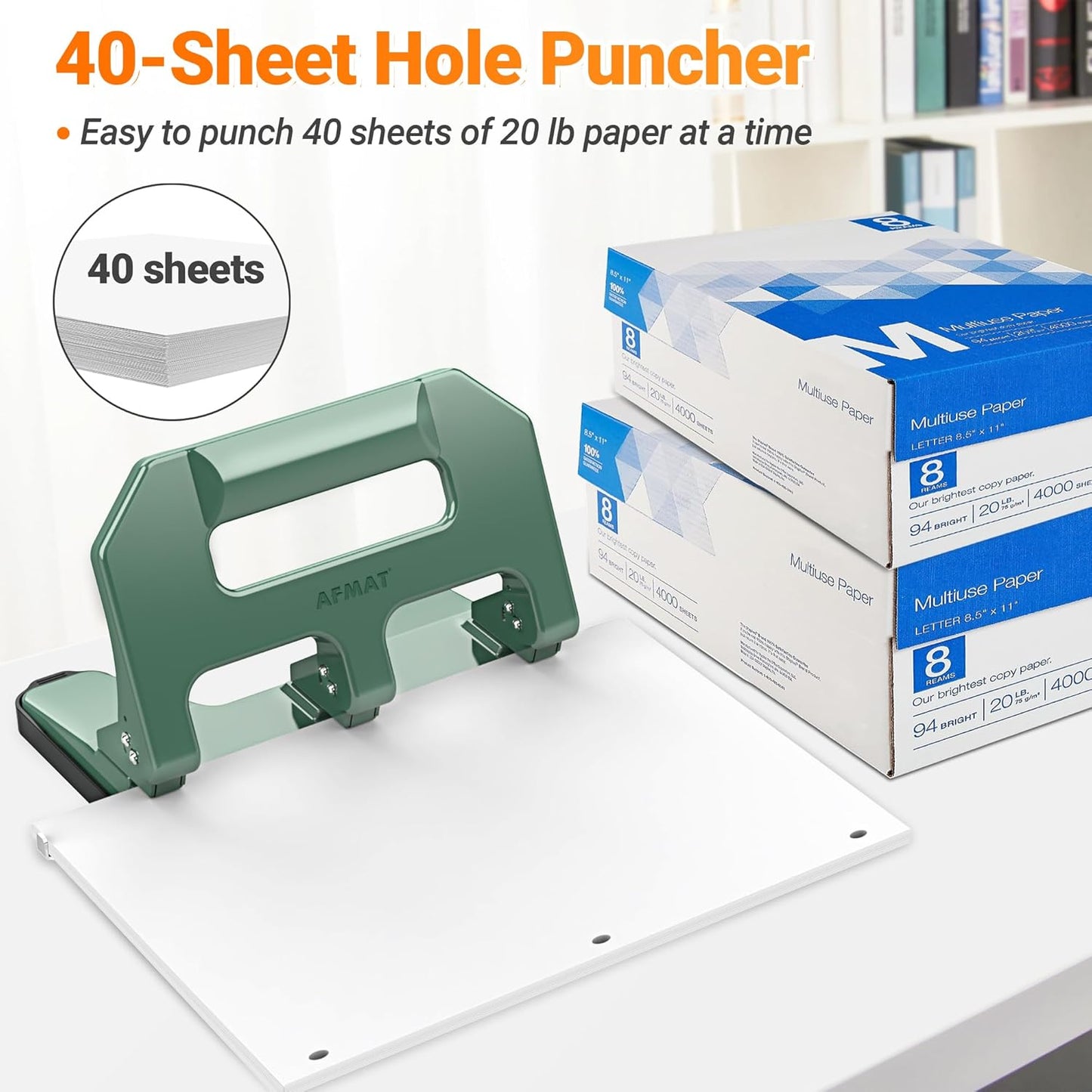 3 Hole Punch Heavy Duty, AFMAT 3 Hole Puncher for Binder, 40-Sheet Three Hole Punch w/ 10000+ Uses, Metal Hole Puncher 3 Ring, 50% Reduced Effort, Bulit-in S.S. Paper Guide, Model: HPX1 (Green)