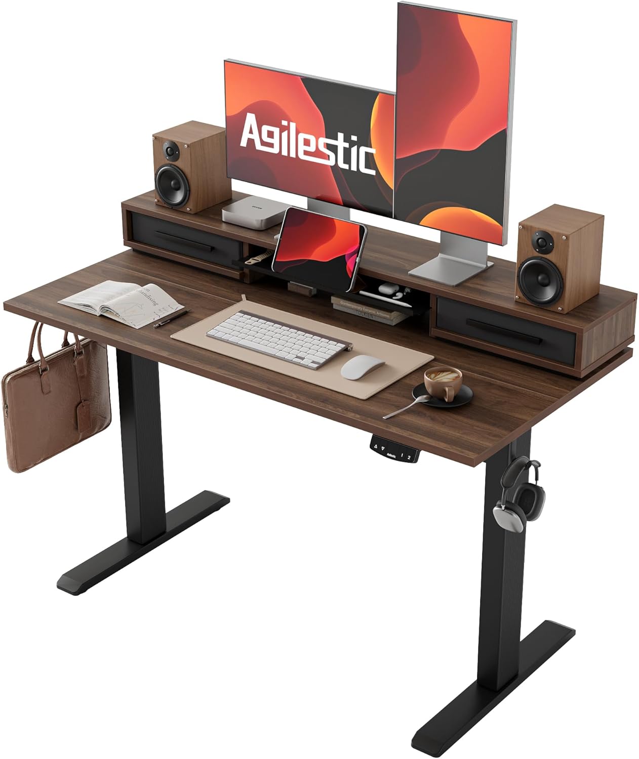 Agilestic 48 Inch Electric Standing Desk with Drawers, Adjustable Desk with Storage Shelf, Stand Up Home Office Computer Table, Splice Board, Dark Walnut