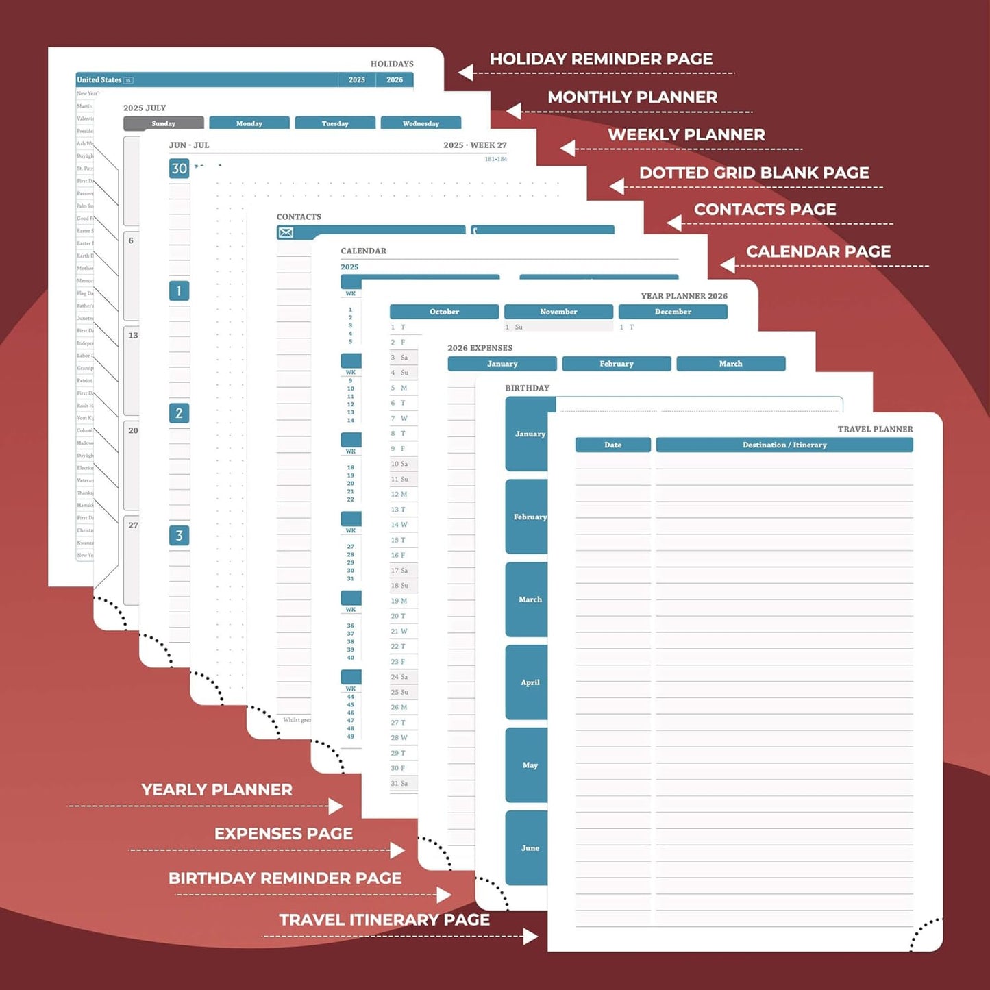Planner 2025-2026 Daily Weekly and Monthly,11.5"x8.5",18 Months Spiral Bound Calendar Agenda with Self-adhesive Pen Holder,2026 Academic Plan with Vegan Leather Soft Cover,Red